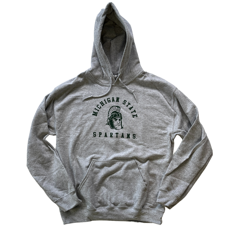 Light gray hooded sweatshirt with drawstrings and a large pocket at the bottom of the torso. On the center chest, a rendition of Sparty's head is printed between arched text reading Michigan State and a straight line of text reading Spartans. Screen printing is forest green.