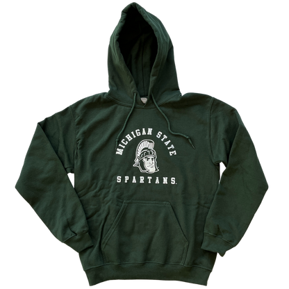 Forest green hooded sweatshirt with drawstrings and a large pocket at the bottom of the torso. On the center chest, a rendition of Sparty's head is printed between arched text reading Michigan State and a straight line of text reading Spartans. Screen printing is white.