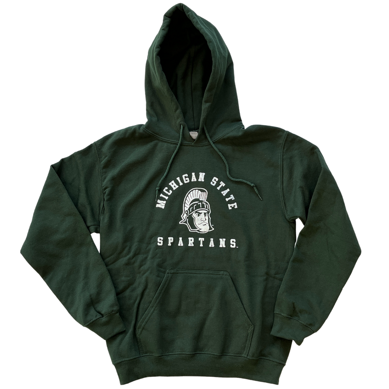 Forest green hooded sweatshirt with drawstrings and a large pocket at the bottom of the torso. On the center chest, a rendition of Sparty's head is printed between arched text reading Michigan State and a straight line of text reading Spartans. Screen printing is white.