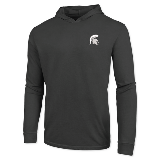 Dark gray long-sleeve hoodie with a small white Spartan helmet logo on the left chest