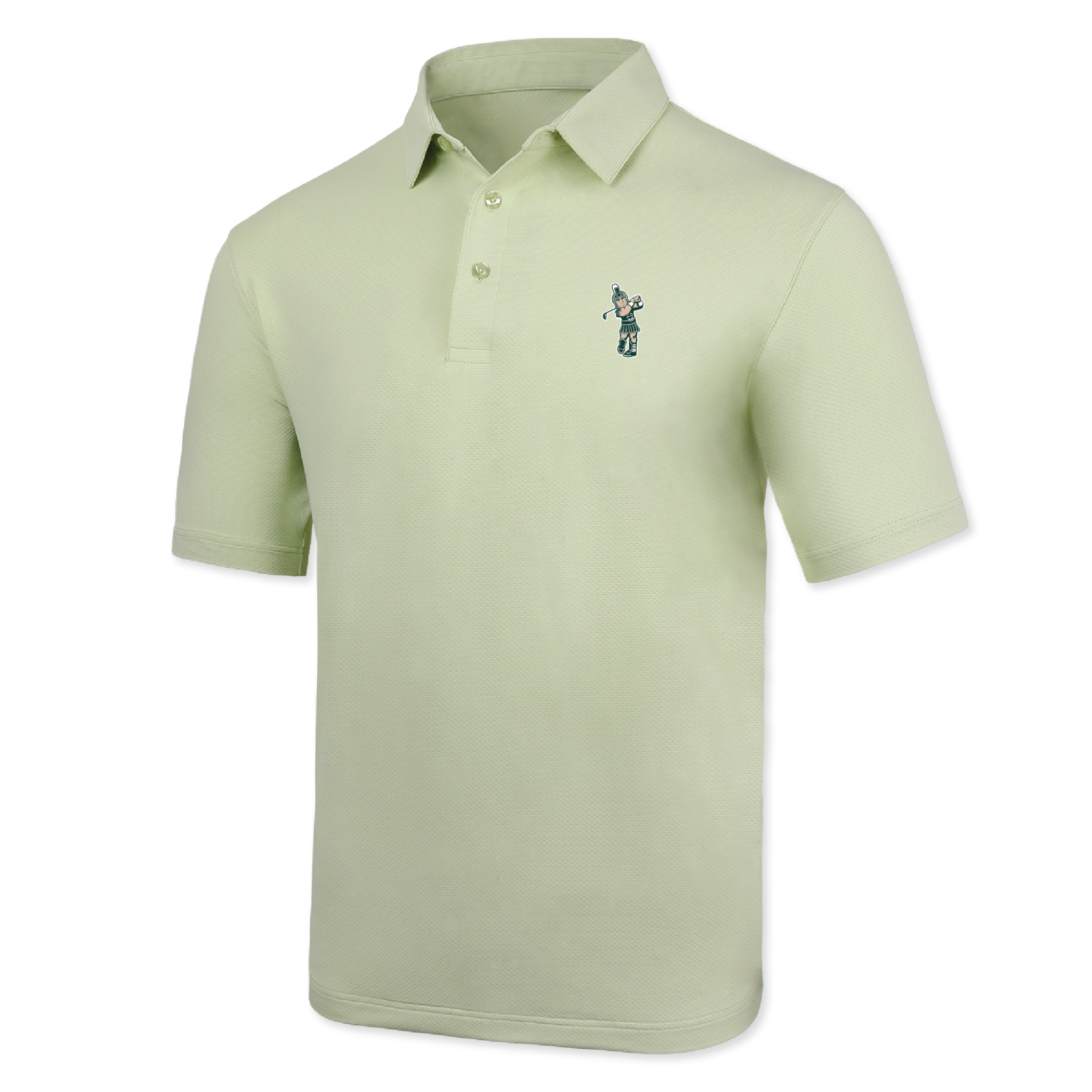A light green Golf Sparty polo shirt with a collar, short sleeves, and a sparty golf logo on the chest.