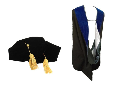 A set of doctoral regalia including a black velvet tam with gold tassel and a black Dalton Crepe fabric doctoral hood with Michigan State green and white satin and degree color velvet.