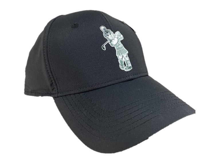 A black golf hat with a structured design featuring a metallic heat-bonded transfer logo of a golfing figure on the front.
