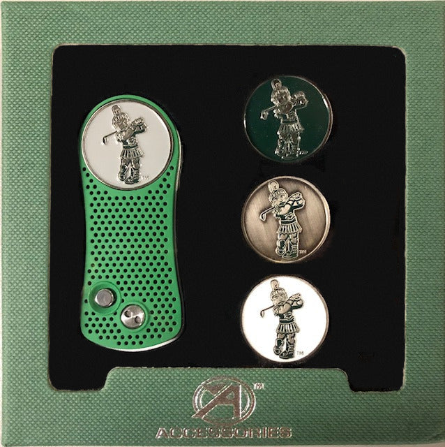 A golf divot tool and ball marker set with Michigan State themed graphics on a green background.