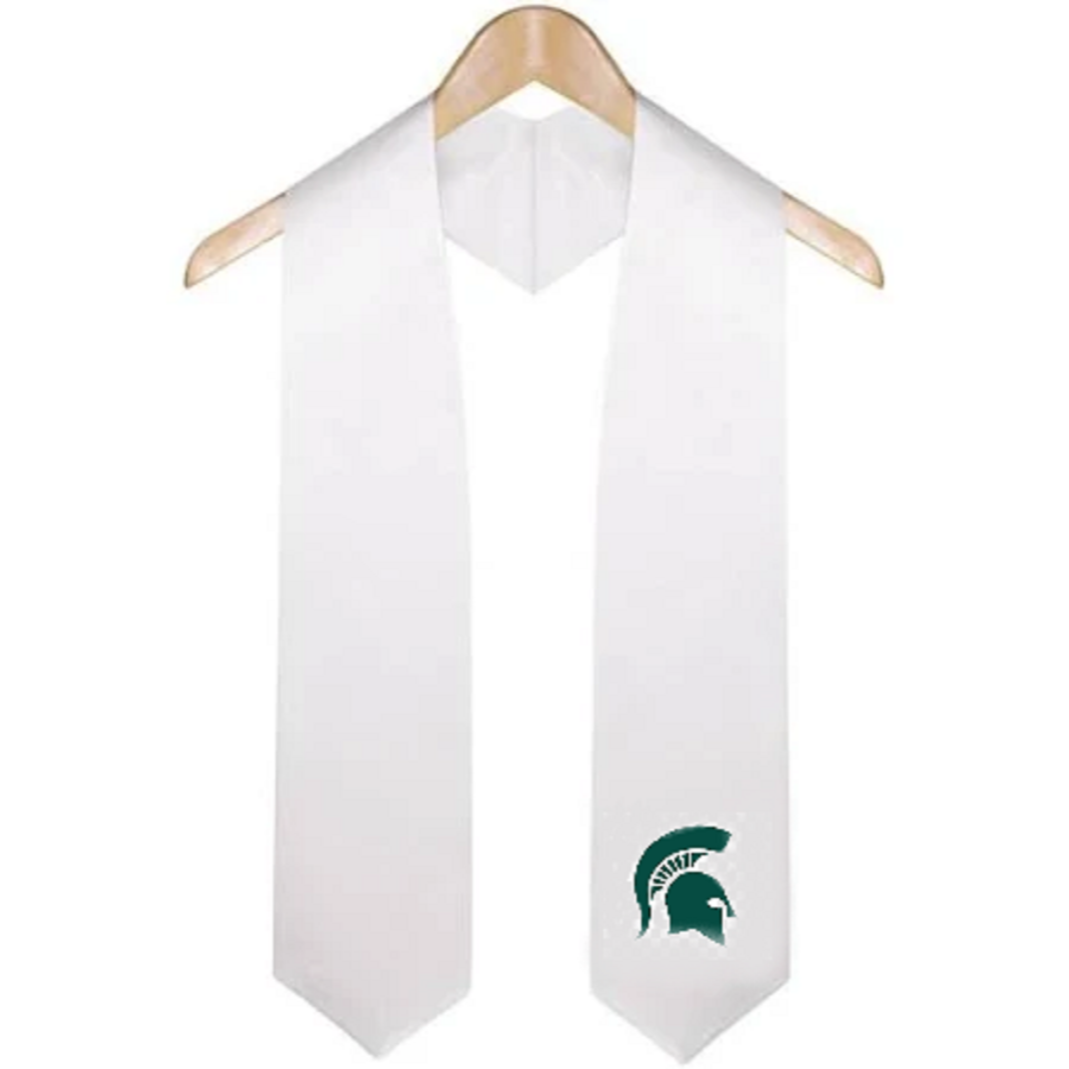 A white stole with the Michigan State University helmet embroidered on the left side,