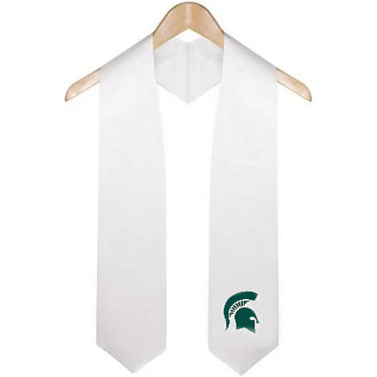 A white stole with the Spartan Helmet logo embroidered in green on the left side.