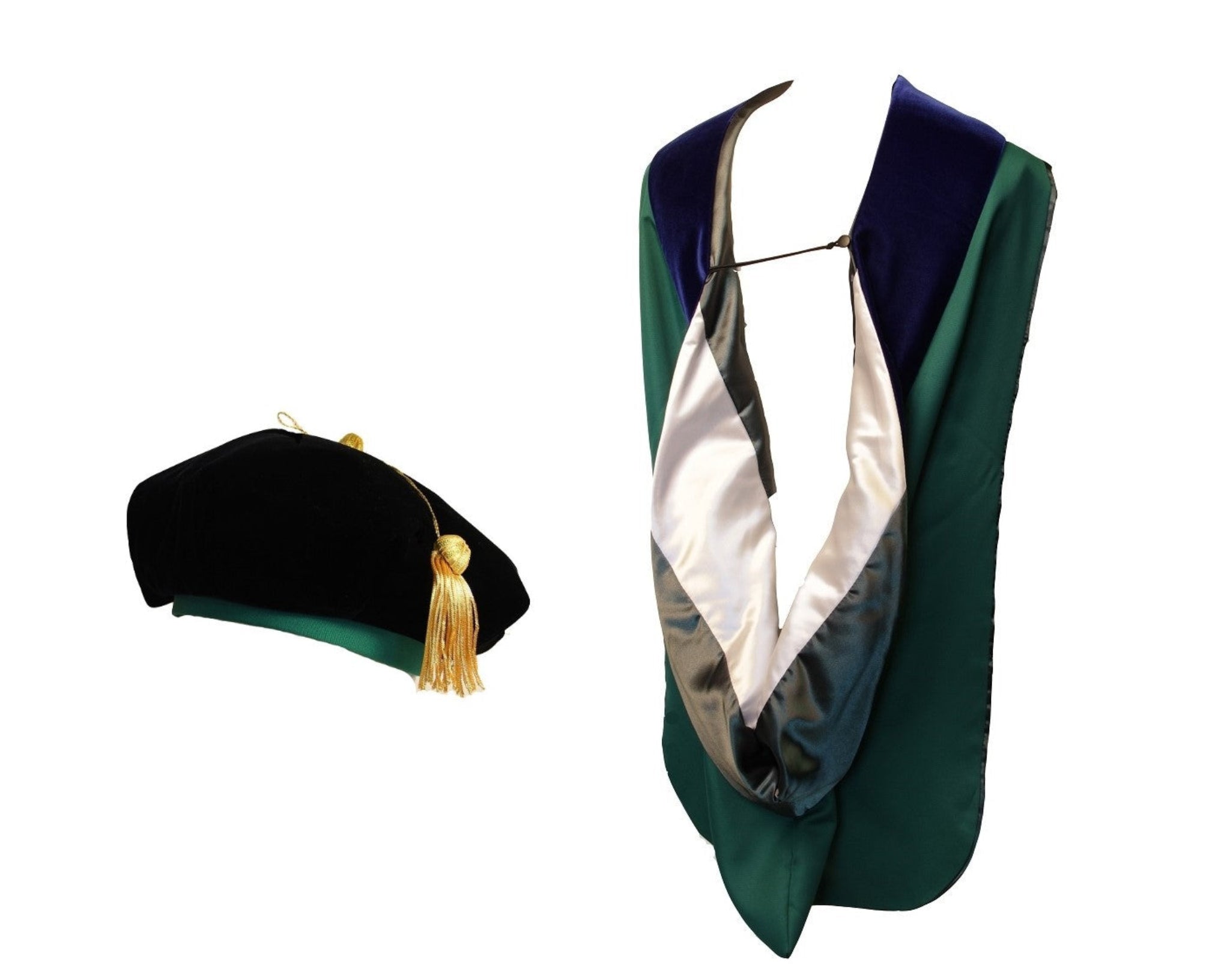 A set of doctoral regalia including a green and black tam with a gold tassel and a green hood with a satin lining.