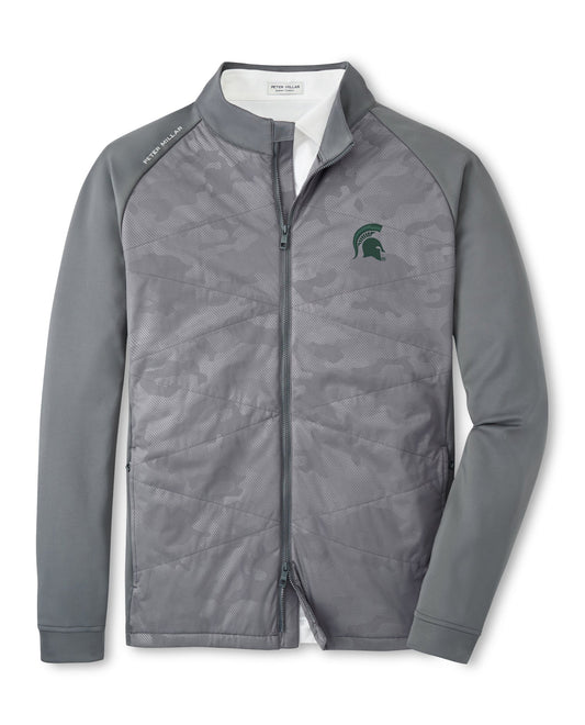 A gray camouflage full-zip jacket with two zip exterior pockets and the Spartan Helmet logo on the chest.