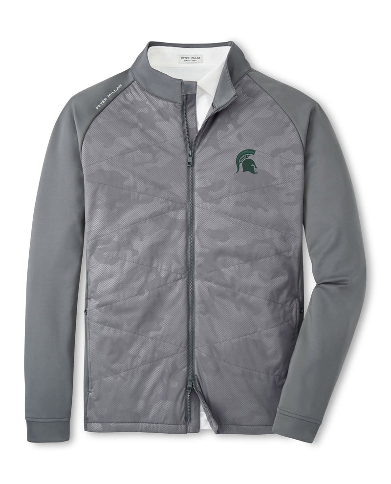 A gray camouflage full-zip jacket with two zip exterior pockets and the Spartan Helmet logo on the chest.