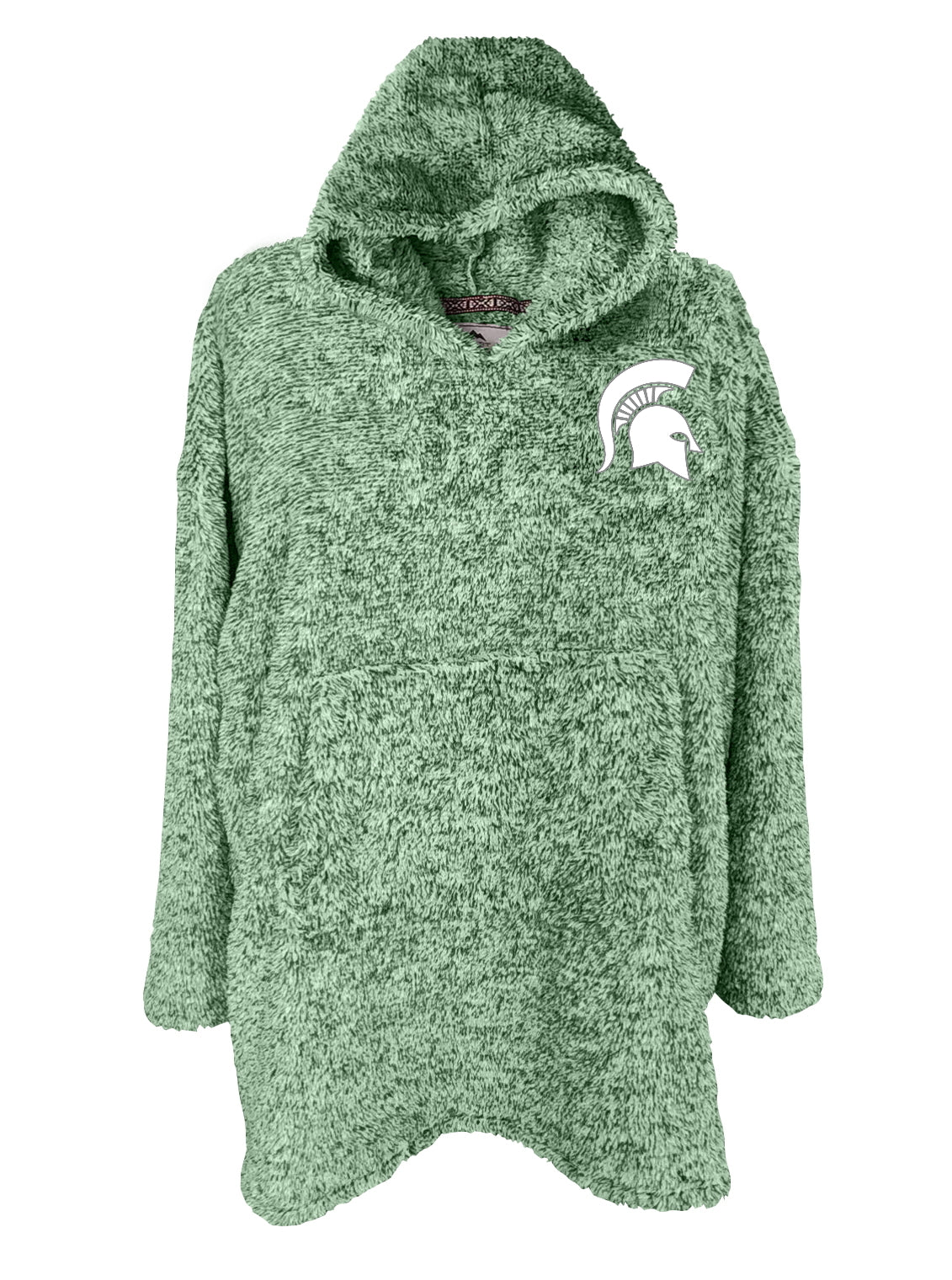 A green plush hooded poncho with a white Spartan helmet logo in the upper left chest.
