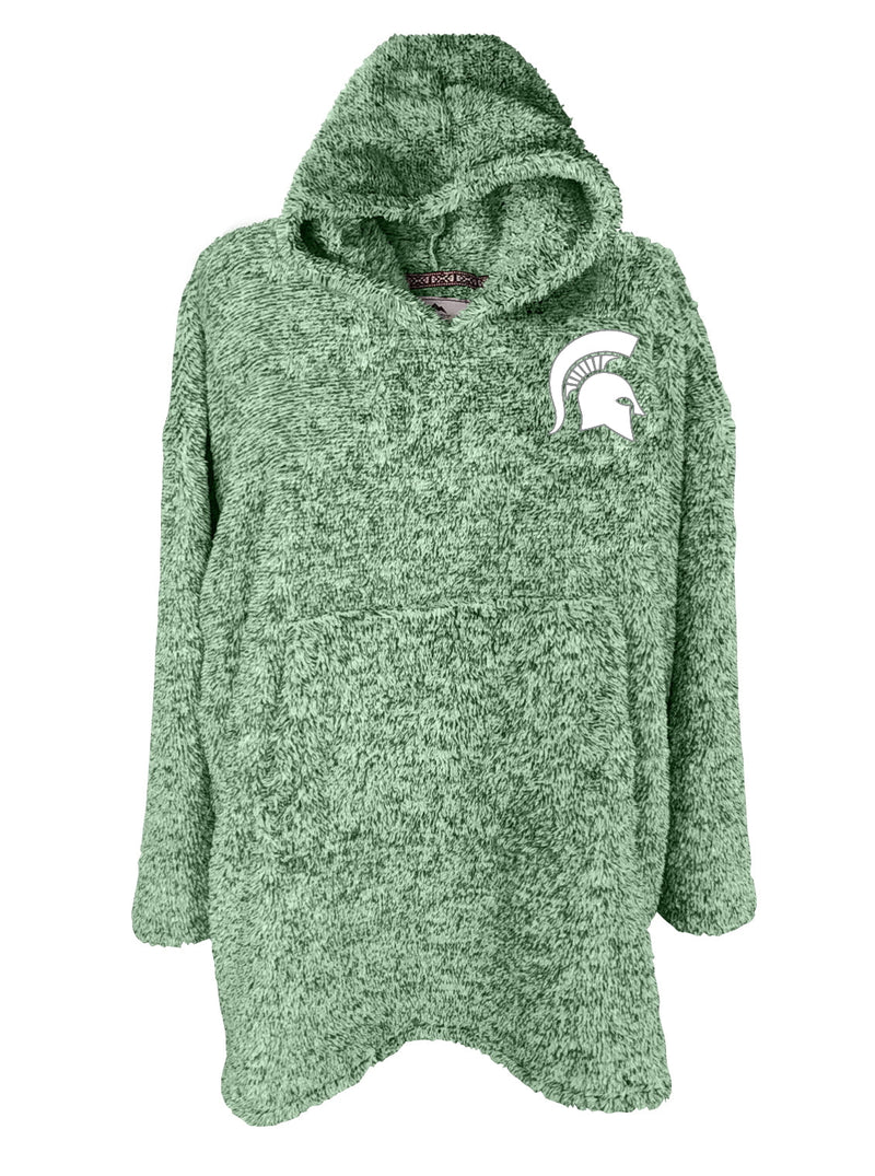 A green plush hooded poncho with a white Spartan helmet logo in the upper left chest.