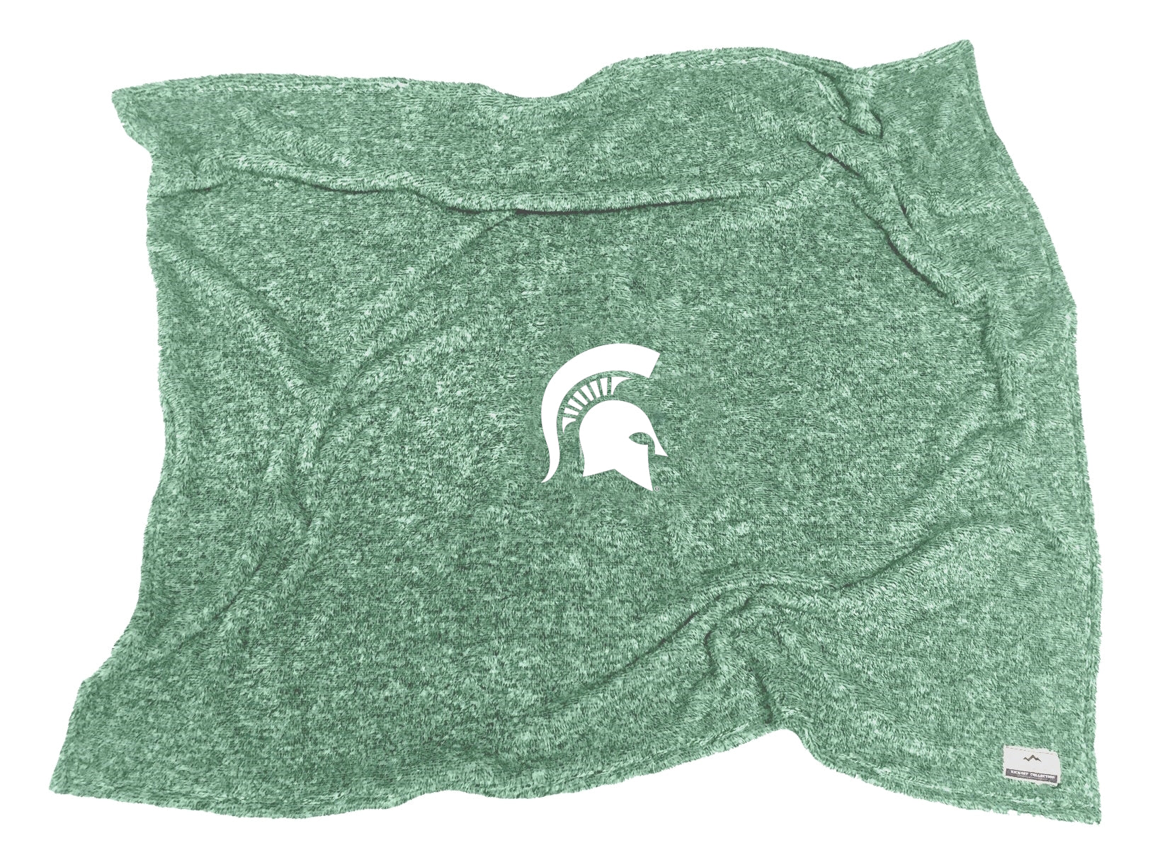 A green blanket with a white Spartan Helmet in the center.