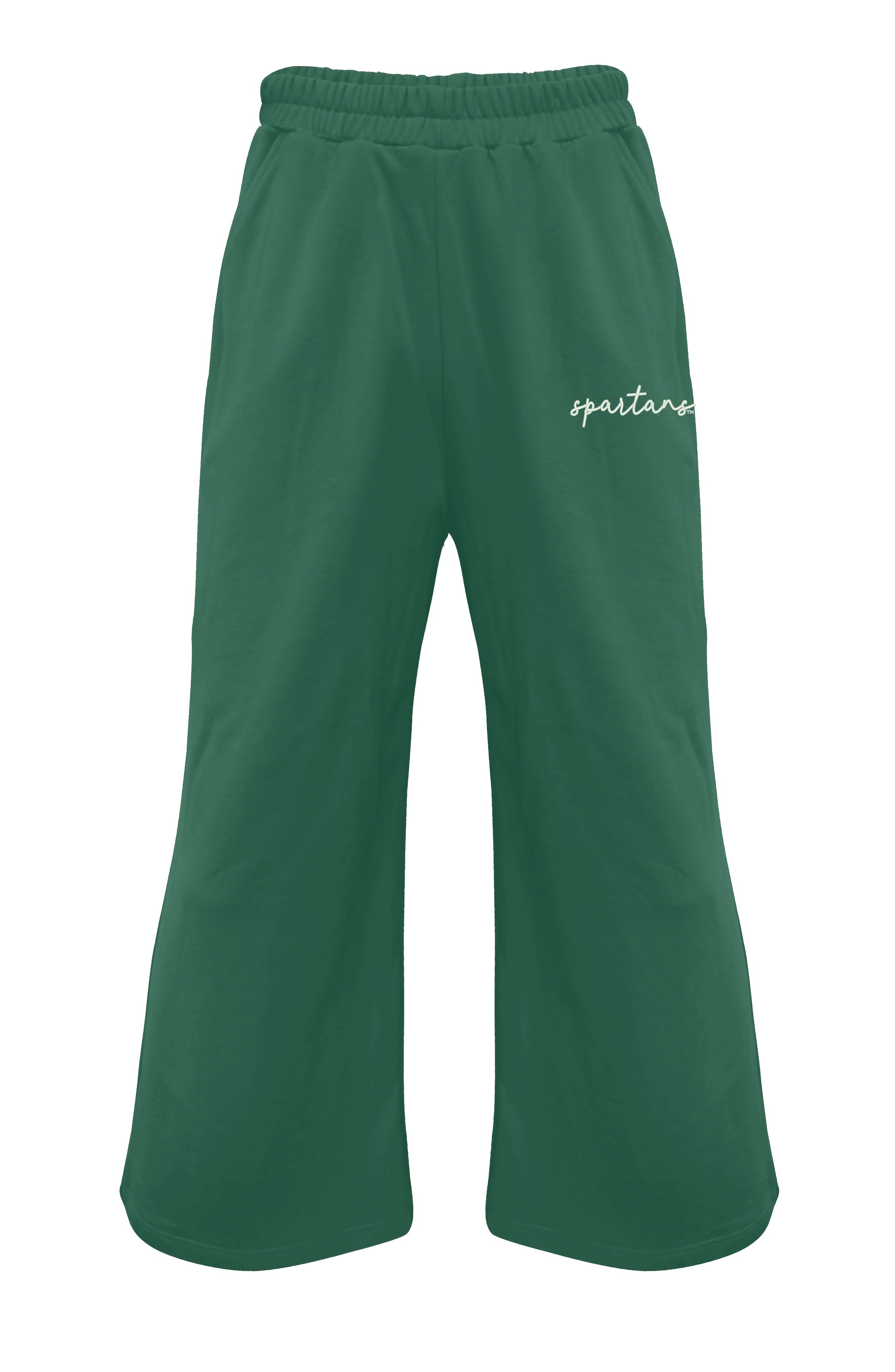 Green wide leg sweatpants with the word "Spartans" on the left leg in cursive.
