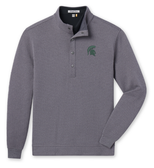 Gray pullover with four snap buttons and a green Spartan Helmet logo embroidered on the upper left chest. 