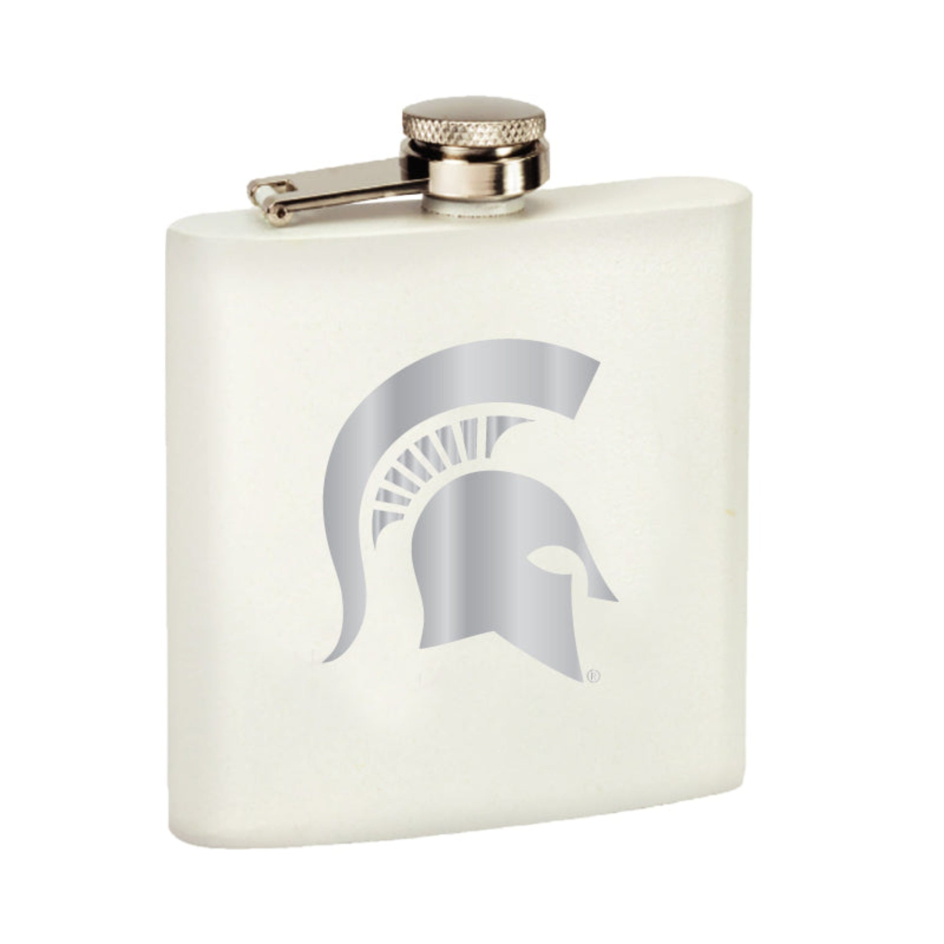 White flask with a silver etched Spartan Helmet logo on a white background. On the top of flask is gold colored twist off cap. 
