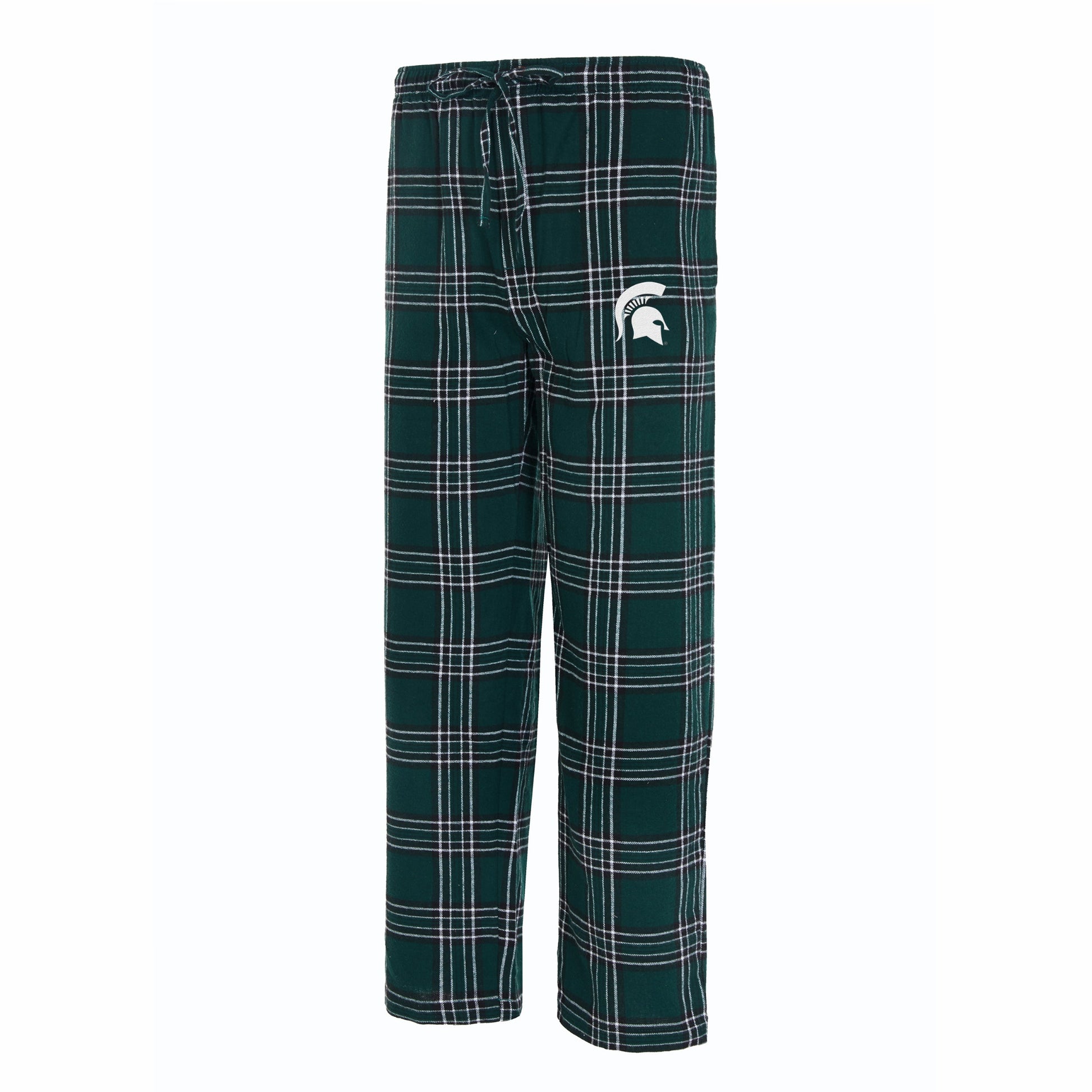 Women’s Michigan State Spartans dark green plaid pajama pants with white line pattern, featuring an elastic drawstring waistband and a small white Spartan Helmet logo on the hip.