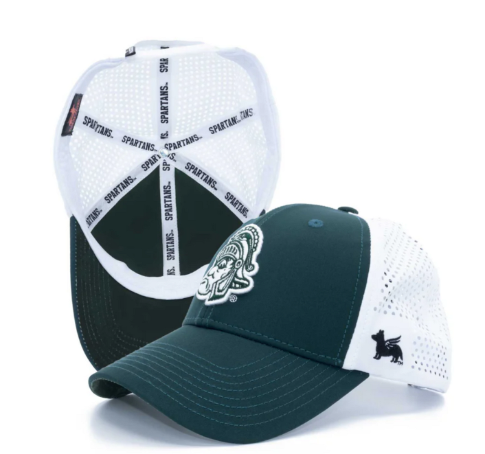 A green and white performance hat with a 3-D Gruff Sparty logo, featuring a low-profile crown and white mesh panels on the back. The hat has an adjustable snap closure and a unique geometric pattern under the brim.