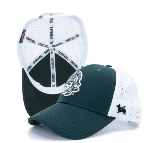 A green and white performance hat with a 3-D Gruff Sparty logo, featuring a low-profile crown and white mesh panels on the back. The hat has an adjustable snap closure and a unique geometric pattern under the brim.