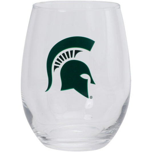 A clear stemless wine glass with a green Spartan Helmet logo on it.