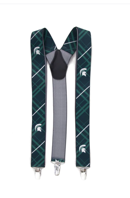 A pair of black suspenders with green and white crisscross stripes and white Spartan helmets shown on a white backdrop. 