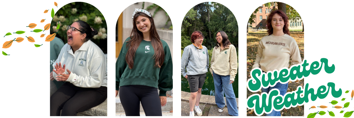 Five people wearing MSU sweaters with 'Sweater Weather' text and autumn leaves.