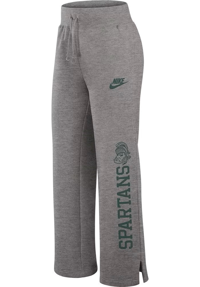 a gray pair of sweatpants with a green Nike swoosh, Gruff Sparty logo, and the word "Spartans" on the left leg.