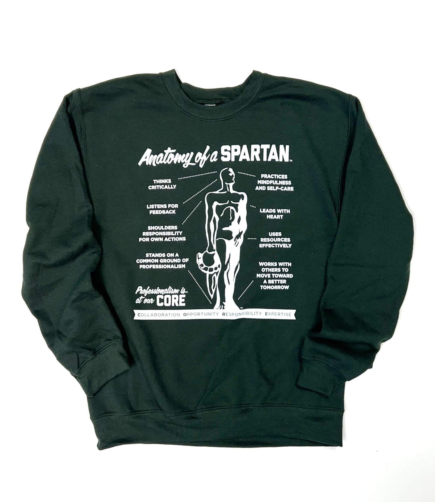 Forest green sweatshirt. On the center chest is a white graphic titled "Anatomy of a Spartan" with lines connecting various points of an illustrated Spartan statue to text blocks.