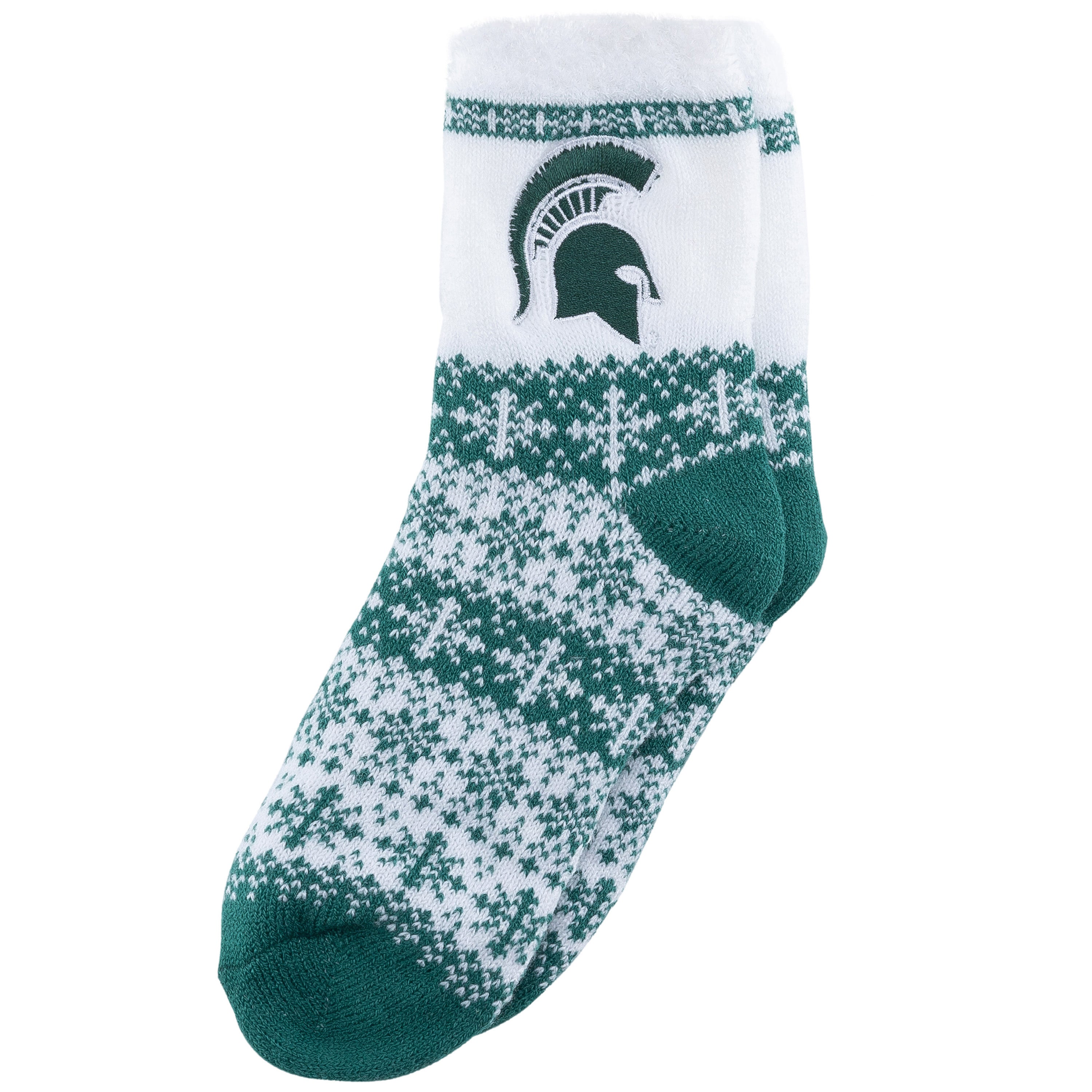 Green and white sock with a logo on a white background
