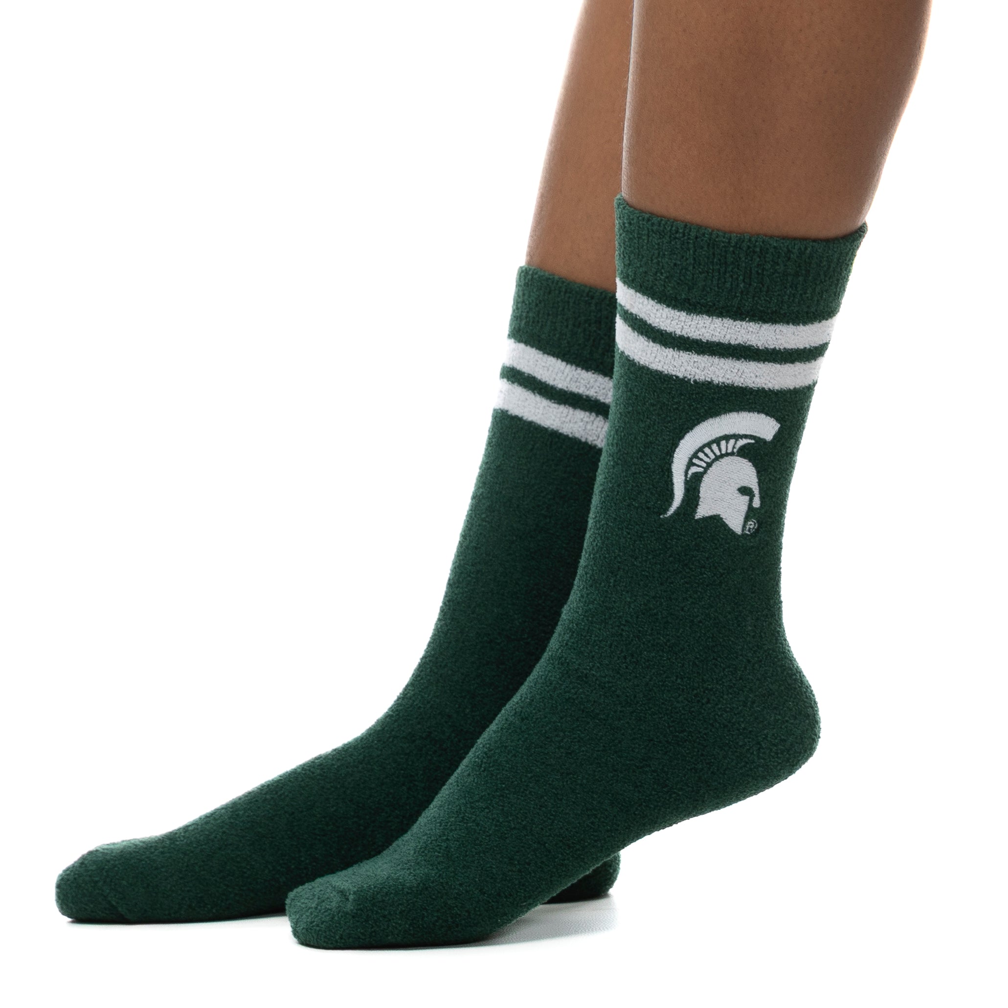 Green socks with white stripes and logo on a white background