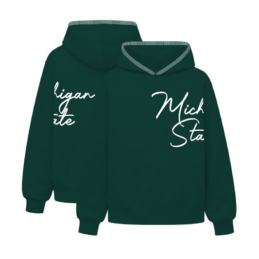 Dark green Michigan State University hooded sweatshirt featuring white script lettering on the front and back.