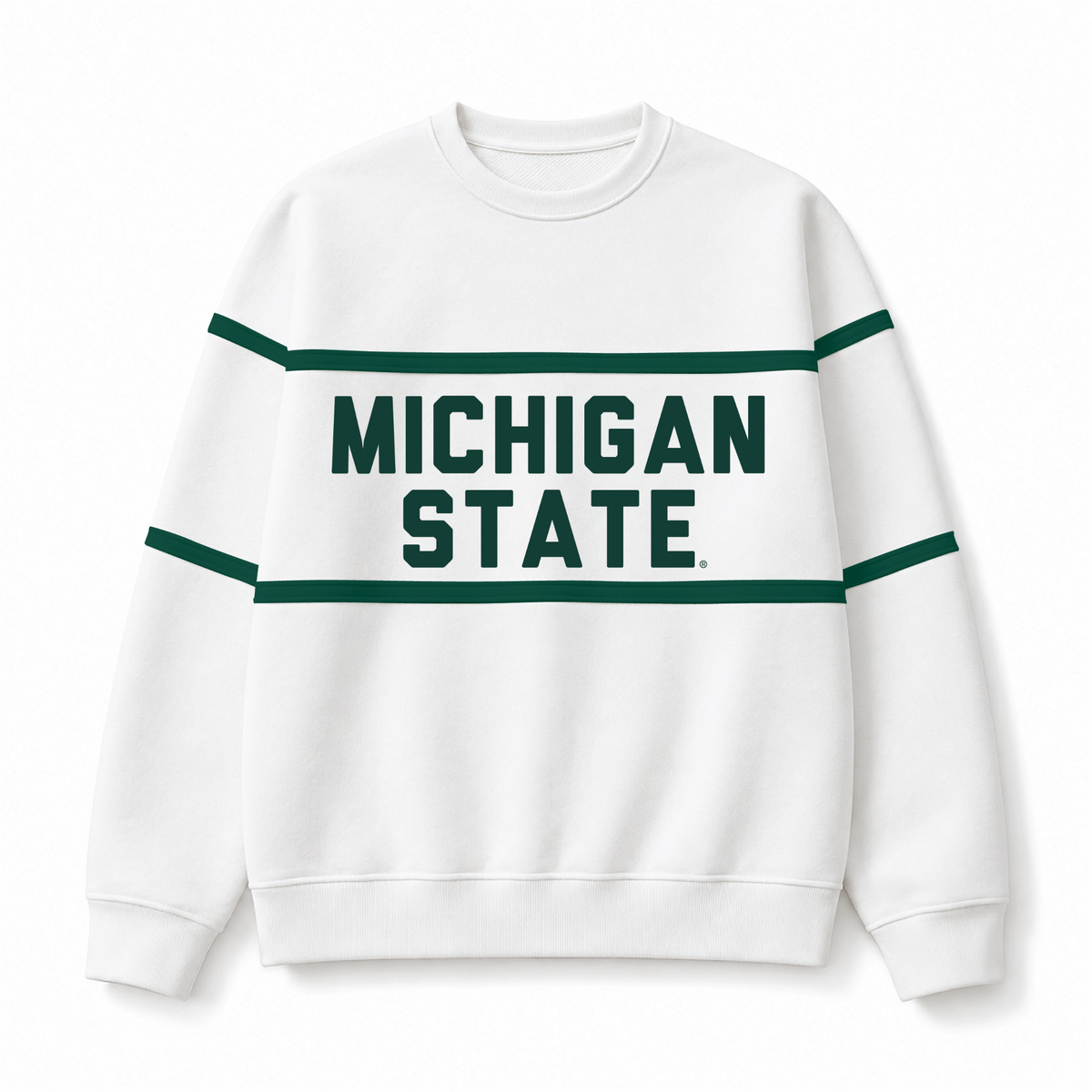 White Michigan State sweatshirt with green stripes across the chest and sleeves and bold green “Michigan State” lettering on the front.