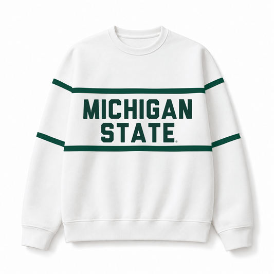 White Michigan State sweatshirt with green stripes across the chest and sleeves and bold green “Michigan State” lettering on the front.