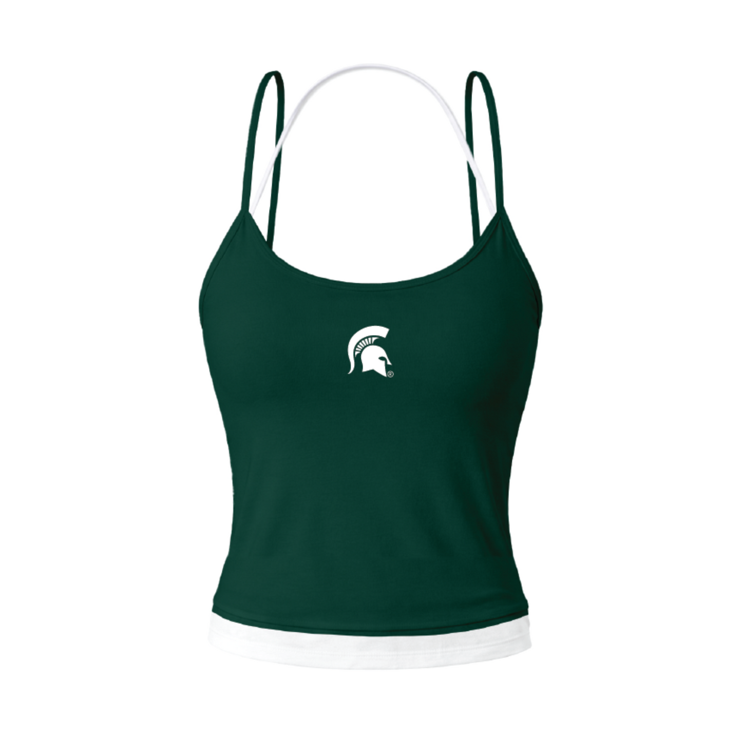 Dark green Michigan State camisole tank top with thin straps, a white Spartan helmet logo on the chest, and a white trim along the bottom hem.