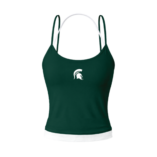 Dark green Michigan State camisole tank top with thin straps, a white Spartan helmet logo on the chest, and a white trim along the bottom hem.