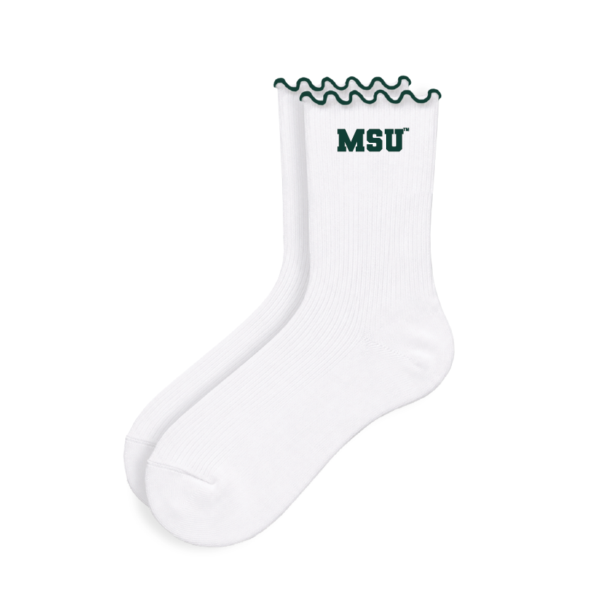 Pair of white Michigan State University crew socks with ribbed knit construction and dark green ruffled trim along the top cuff. The socks feature a green embroidered “MSU” logo near the upper leg.