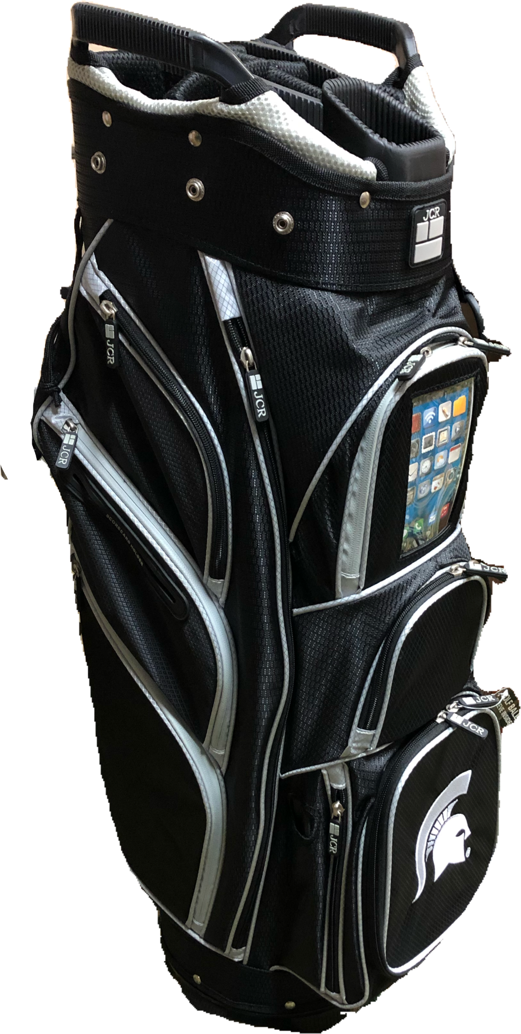 A black and gray JCR TL650 MSU Logo Cart Bag with multiple pockets and a clear smart phone pocket visible.
