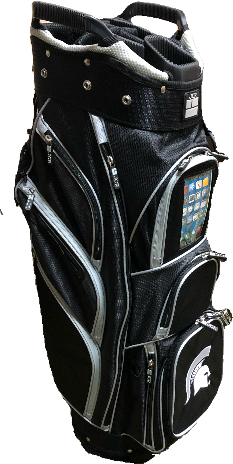 A black and gray JCR TL650 MSU Logo Cart Bag with multiple pockets and a clear smart phone pocket visible.