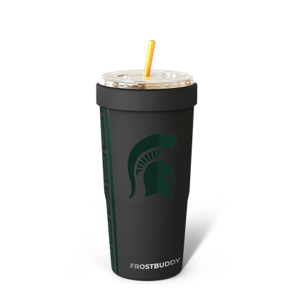 Black tumbler with a green logo and "Frostbuddy" branding on a white background