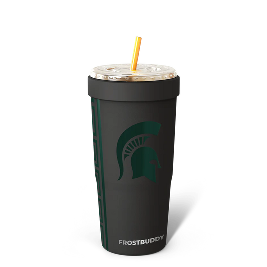 Black tumbler with a green logo and "Frostbuddy" branding on a white background