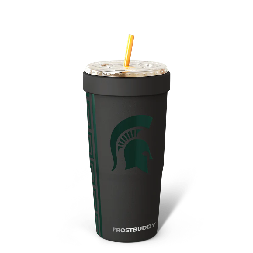 Black tumbler with a green logo and "Frostbuddy" branding on a white background