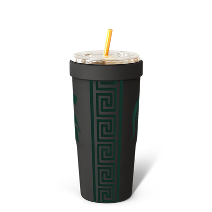 Black tumbler with green pattern and straw on a white background