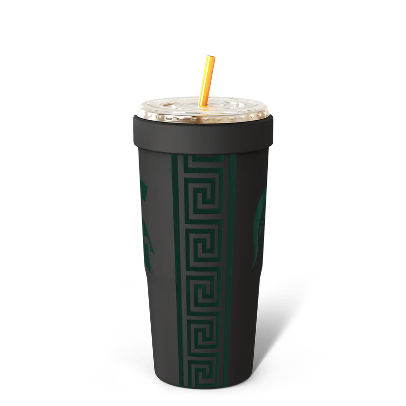 Black tumbler with green pattern and straw on a white background
