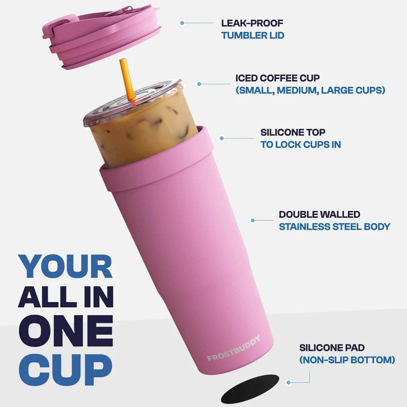 Pink tumbler with features highlighted on a white background
