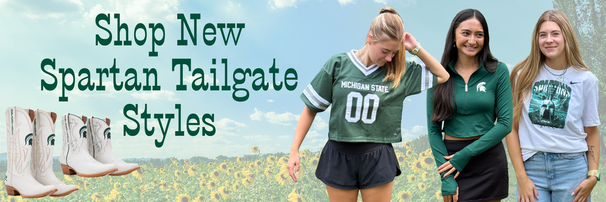 Text reading "Shop new Spartan tailgate styles" beside images of white Spartan western boots and three people wearing Spartan tailgate gear.