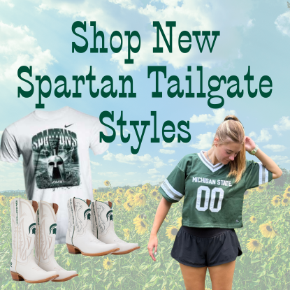 Text reading "Shop new Spartan tailgate styles" beside images of the 2026 Football Fan T-shirt, two pairs of white Spartan western boots, and a person wearing a green cropped football jersey.
