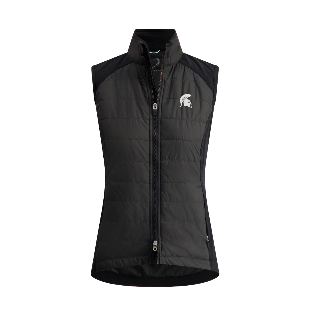 Black two-way zip vest with a white Spartan Helmet logo on the left upper chest. Shown on a white background. 