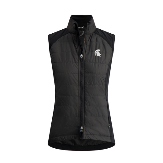 Black two-way zip vest with a white Spartan Helmet logo on the left upper chest. Shown on a white background. 