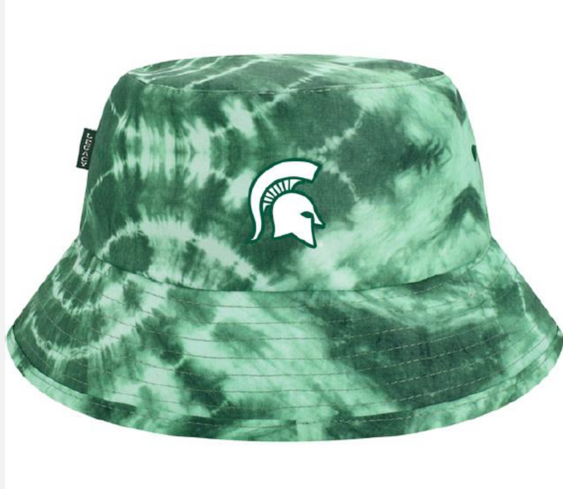 A green and white tie-dye bucket hat with an embroidered white Spartan helmet logo on the front.