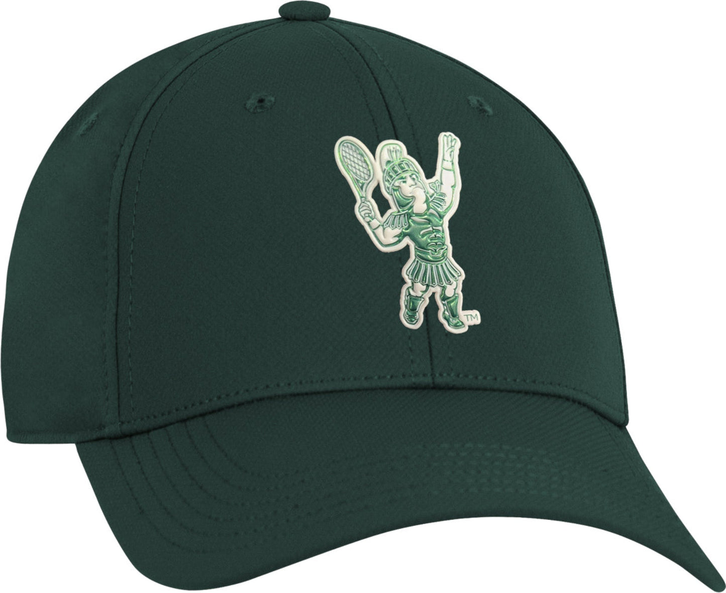 A white hat with a metallic green logo of Tennis Sparty in mid-action on the front.