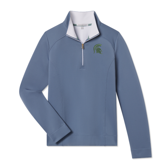 Loch blue 1/4 zip up sweatshirt with green Spartan head logo on the right side.